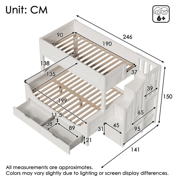 Children's Bunk Bed with Under-bed Pull-out Drawer, Ladder Cabinet Storage, Staircase Sleeper for Living Room, 246L x 141W x 150H cm, White Aosom UK