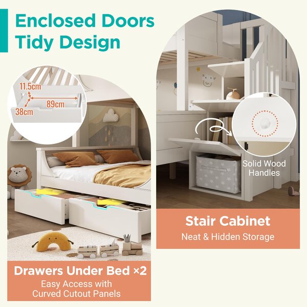 Children's Bunk Bed with Under-bed Pull-out Drawer, Ladder Cabinet Storage, Staircase Sleeper for Living Room, 246L x 141W x 150H cm, White Aosom UK