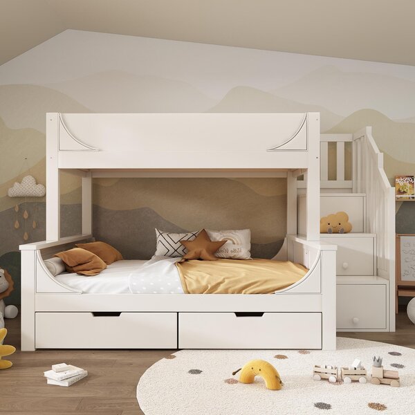 Children's Bunk Bed with Under-bed Pull-out Drawer, Ladder Cabinet Storage, Staircase Sleeper for Living Room, 246L x 141W x 150H cm, White Aosom UK
