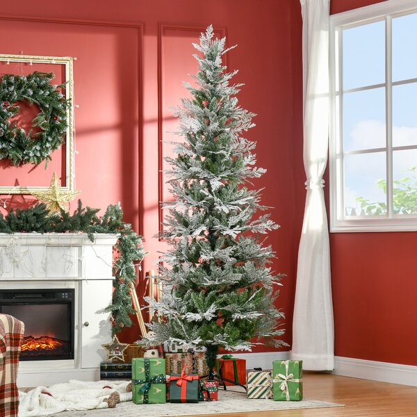 HOMCOM Pencil Snow Flocked Artificial Christmas Tree with Realistic Cypress Branches, Auto Open, Green Aosom UK