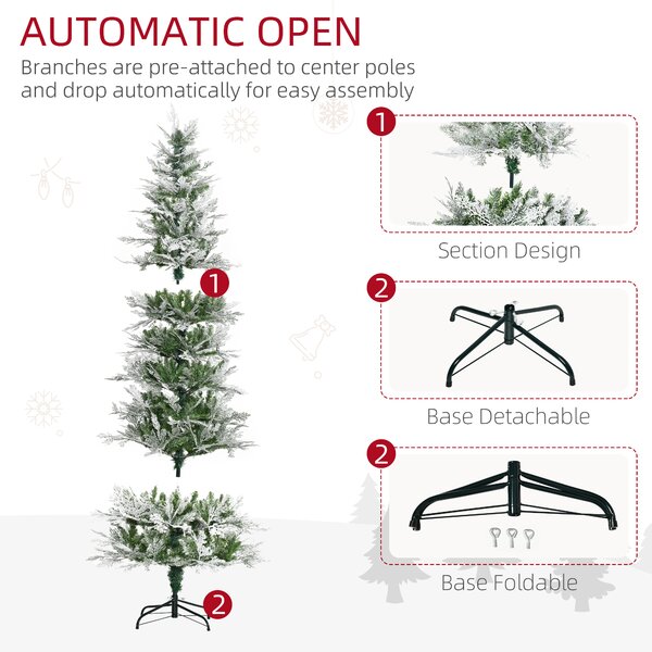 HOMCOM Pencil Snow Flocked Artificial Christmas Tree with Realistic Cypress Branches, Auto Open, Green Aosom UK
