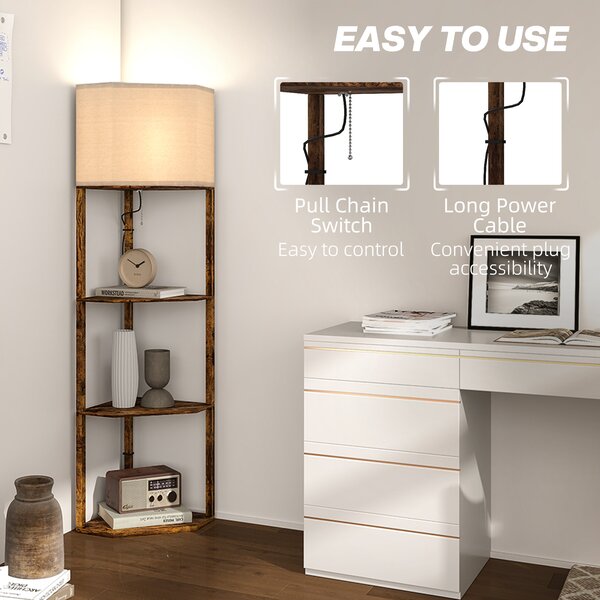 HOMCOM Corner Floor Lamp with Shelves, Modern Tall Standing Lamp with Chain Switch for Living Room, Bedroom, Bulb Not Included, Rustic Brown