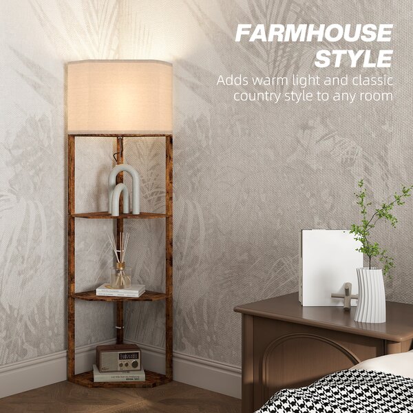 HOMCOM Corner Floor Lamp with Shelves, Modern Tall Standing Lamp with Chain Switch for Living Room, Bedroom, Bulb Not Included, Rustic Brown