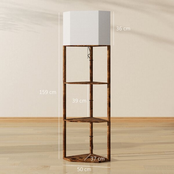 HOMCOM Corner Floor Lamp with Shelves, Modern Tall Standing Lamp with Chain Switch for Living Room, Bedroom, Bulb Not Included, Rustic Brown