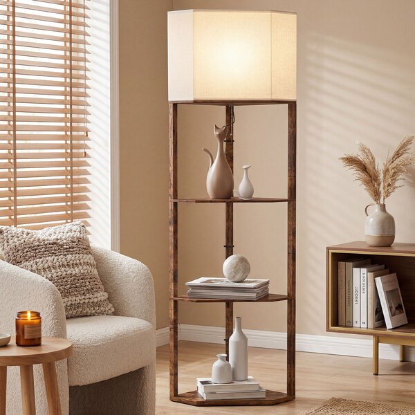 HOMCOM Corner Floor Lamp with Shelves, Modern Tall Standing Lamp with Chain Switch for Living Room, Bedroom, Bulb Not Included, Rustic Brown