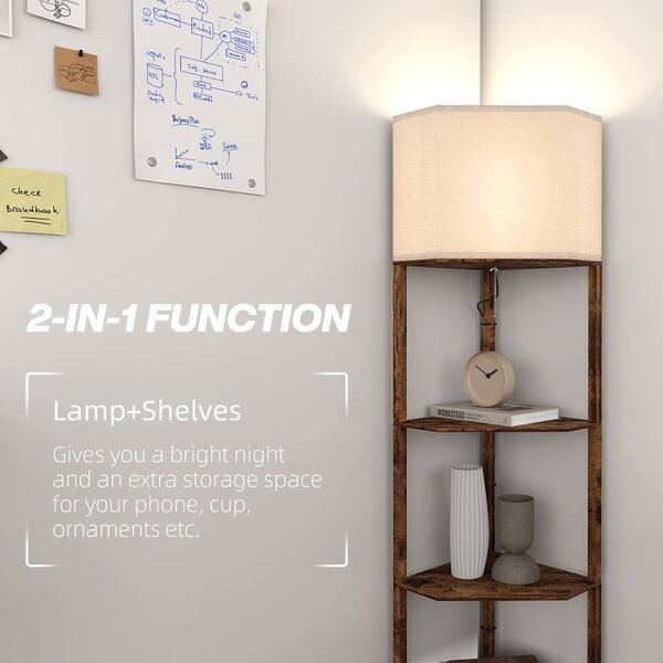 HOMCOM Corner Floor Lamp with Shelves, Modern Tall Standing Lamp with Chain Switch for Living Room, Bedroom, Bulb Not Included, Rustic Brown