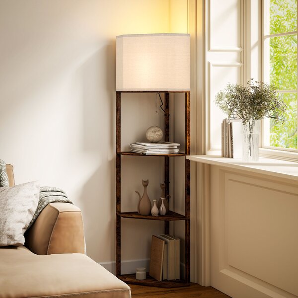 HOMCOM Corner Floor Lamp with Shelves, Modern Tall Standing Lamp with Chain Switch for Living Room, Bedroom, Bulb Not Included, Rustic Brown