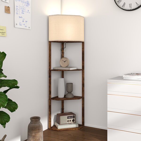 HOMCOM Corner Floor Lamp with Shelves, Modern Tall Standing Lamp with Chain Switch for Living Room, Bedroom, Bulb Not Included, Rustic Brown