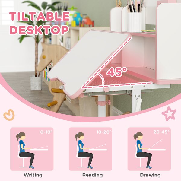 AIYAPLAY Height Adjustable Kids Desk and Chair Set, Children School Study Desk with Tiltable Desktop, Reading Rack, Pink Aosom UK