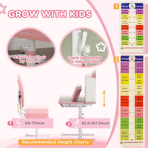 AIYAPLAY Height Adjustable Kids Desk and Chair Set, Children School Study Desk with Tiltable Desktop, Reading Rack, Pink Aosom UK