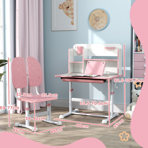 AIYAPLAY Height Adjustable Kids Desk and Chair Set, Children School Study Desk with Tiltable Desktop, Reading Rack, Pink Aosom UK