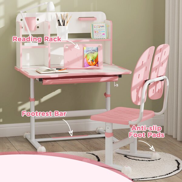 AIYAPLAY Height Adjustable Kids Desk and Chair Set, Children School Study Desk with Tiltable Desktop, Reading Rack, Pink Aosom UK