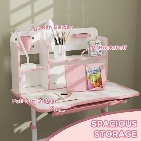 AIYAPLAY Height Adjustable Kids Desk and Chair Set, Children School Study Desk with Tiltable Desktop, Reading Rack, Pink Aosom UK
