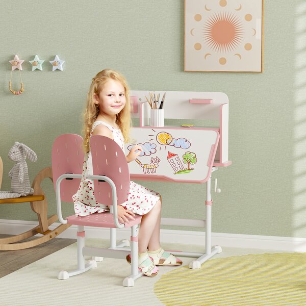 AIYAPLAY Height Adjustable Kids Desk and Chair Set, Children School Study Desk with Tiltable Desktop, Reading Rack, Pink Aosom UK