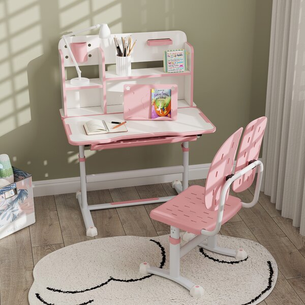 AIYAPLAY Height Adjustable Kids Desk and Chair Set, Children School Study Desk with Tiltable Desktop, Reading Rack, Pink Aosom UK