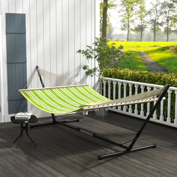 Outsunny Outdoor Garden Hammock with Stand, Double Cotton Hammock with Adjustable Steel Frame, Swing Hanging Bed with Pillow, for Garden Aosom UK