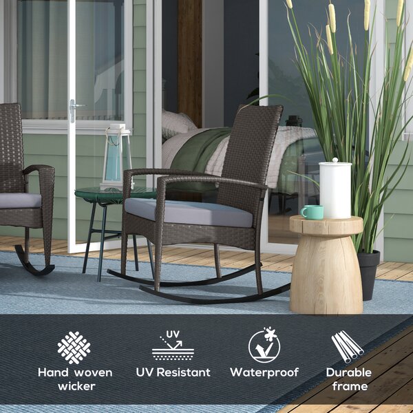 Outsunny Outdoor PE Rattan Rocking Chair Set of 2, Garden Rocking Chair Set with Armrest and Cushion, Grey Aosom UK