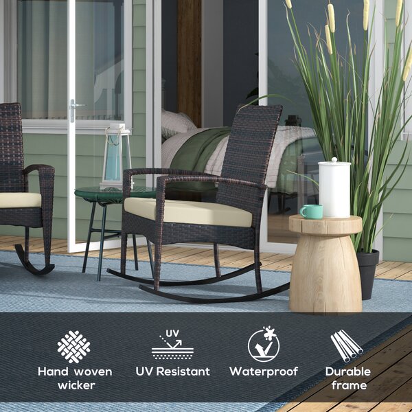 Outsunny Outdoor PE Rattan Rocking Chair Set of 2, Garden Rocking Chair Set with Armrest and Cushion, Brown Aosom UK
