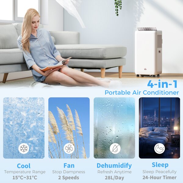 HOMCOM 12,000 BTU Portable Air Conditionerr, Cools 28m² Rooms w/ Dehumidifier, Sleep Mode & 24H Timer Aosom UK