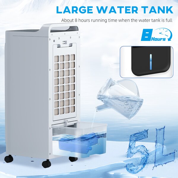 HOMCOM Portable Air Cooler with Ice Packs & Remote, 3-in-1 Evaporative Cooling Fan, Humidifier & Timer for Bedroom, White Aosom UK