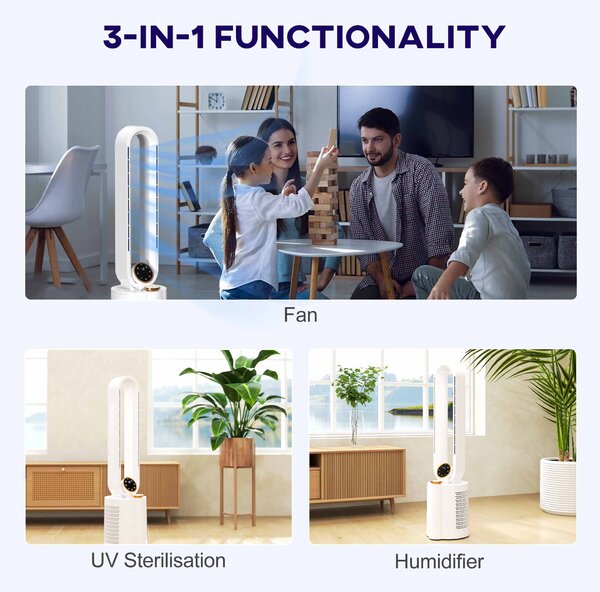 HOMCOM Multi-Mode Bladeless Tower Fan and Humidifier - White