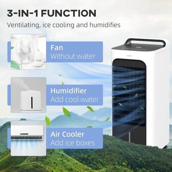HOMCOM Portable Air Cooler with Ice Packs & Remote, 3-in-1 Evaporative Cooling Fan, Humidifier & Timer for Bedroom, White Aosom UK