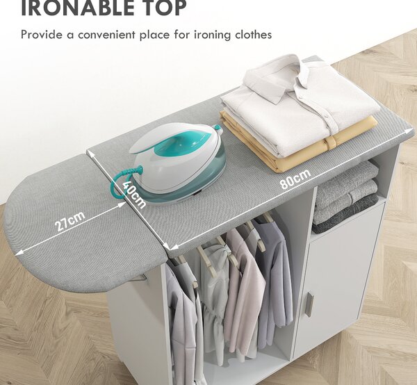 HOMCOM Rolling Ironing Board Cabinet, Foldable Ironing Station with Storage, Wheels for Home, Laundry Room, White