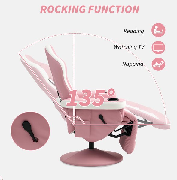 HOMCOM Manual Recliner Armchair PU Leather Lounge Chair w Adjustable Leg Rest, 135° Reclining Function, 360° Swivel, Pink