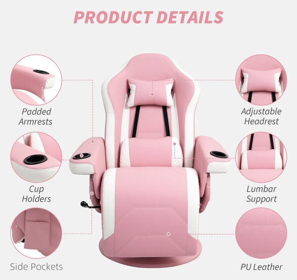 HOMCOM Manual Recliner Armchair PU Leather Lounge Chair w Adjustable Leg Rest, 135° Reclining Function, 360° Swivel, Pink