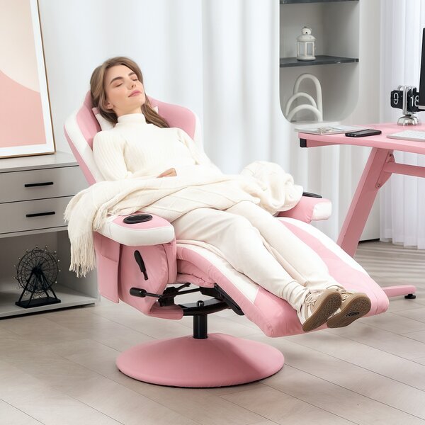 HOMCOM Manual Recliner Armchair PU Leather Lounge Chair w Adjustable Leg Rest, 135° Reclining Function, 360° Swivel, Pink