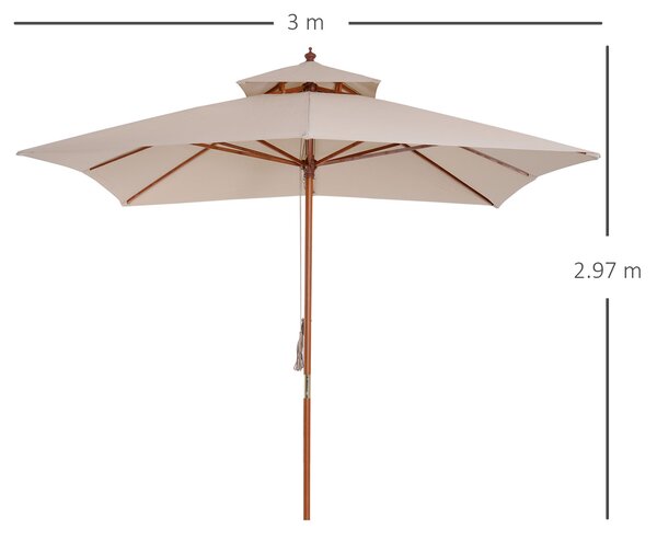 Outsunny Beige Parasol Patio 3x3M Double Tier Garden Sun Umbrella Sunshade Outdoor Wood Wooden Canopy Tier