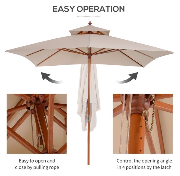 Outsunny Beige Parasol Patio 3x3M Double Tier Garden Sun Umbrella Sunshade Outdoor Wood Wooden Canopy Tier