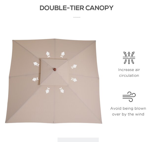Outsunny Beige Parasol Patio 3x3M Double Tier Garden Sun Umbrella Sunshade Outdoor Wood Wooden Canopy Tier