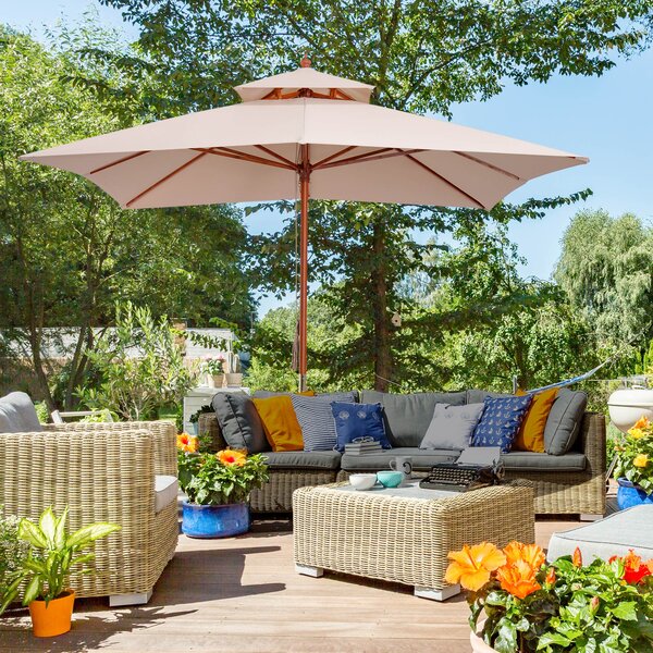 Outsunny Beige Parasol Patio 3x3M Double Tier Garden Sun Umbrella Sunshade Outdoor Wood Wooden Canopy Tier
