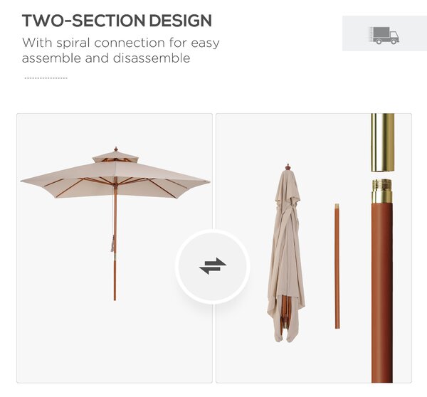 Outsunny Beige Parasol Patio 3x3M Double Tier Garden Sun Umbrella Sunshade Outdoor Wood Wooden Canopy Tier