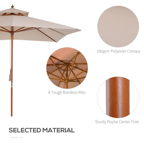 Outsunny Beige Parasol Patio 3x3M Double Tier Garden Sun Umbrella Sunshade Outdoor Wood Wooden Canopy Tier