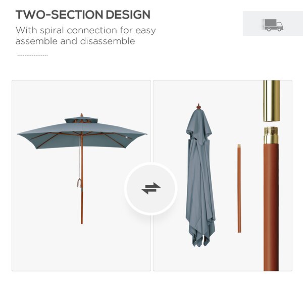 Outsunny 3x3(m) Wood Square Patio Umbrella Garden Market Parasol Sunshade Canopy with 2 Pulley Pagoda Style Dark Grey