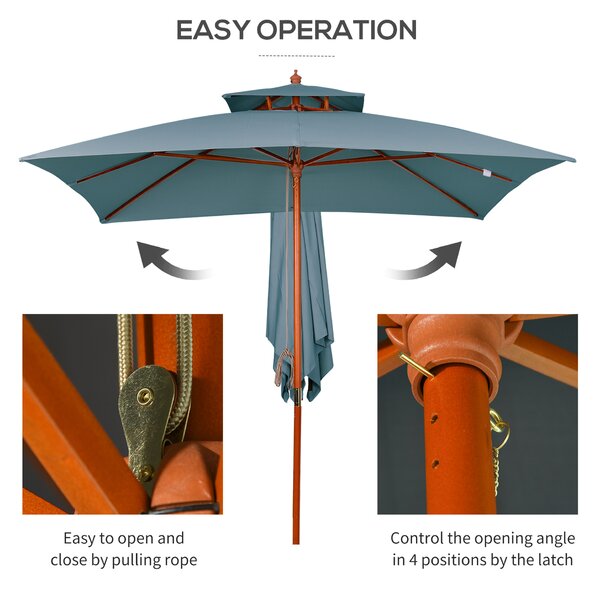 Outsunny 3x3(m) Wood Square Patio Umbrella Garden Market Parasol Sunshade Canopy with 2 Pulley Pagoda Style Dark Grey