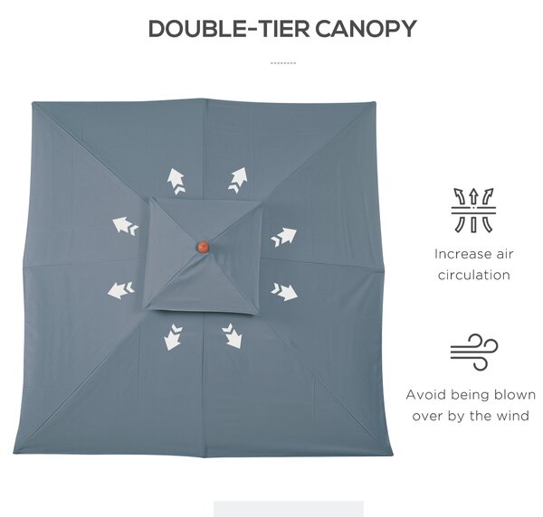 Outsunny 3x3(m) Wood Square Patio Umbrella Garden Market Parasol Sunshade Canopy with 2 Pulley Pagoda Style Dark Grey