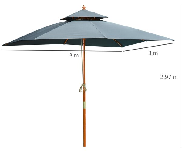Outsunny 3x3(m) Wood Square Patio Umbrella Garden Market Parasol Sunshade Canopy with 2 Pulley Pagoda Style Dark Grey