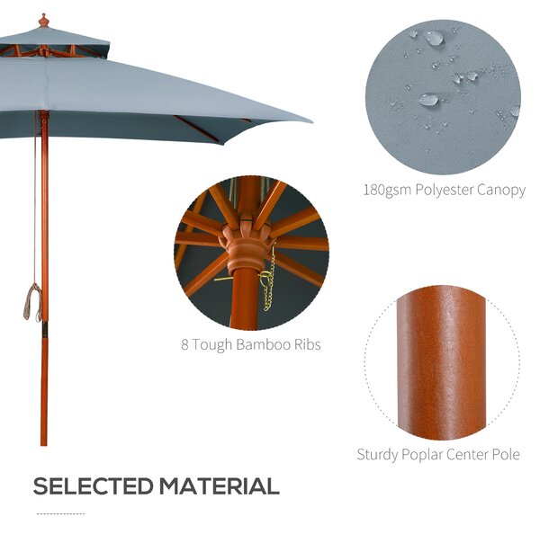 Outsunny 3x3(m) Wood Square Patio Umbrella Garden Market Parasol Sunshade Canopy with 2 Pulley Pagoda Style Dark Grey