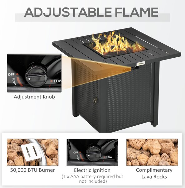 Outsunny Rattan-style Propane Gas Fire Pit Table w/ 50,000 BTU Burner, Square Smokeless Firepit Patio Heater w/ Thermocouple & Cover Aosom UK