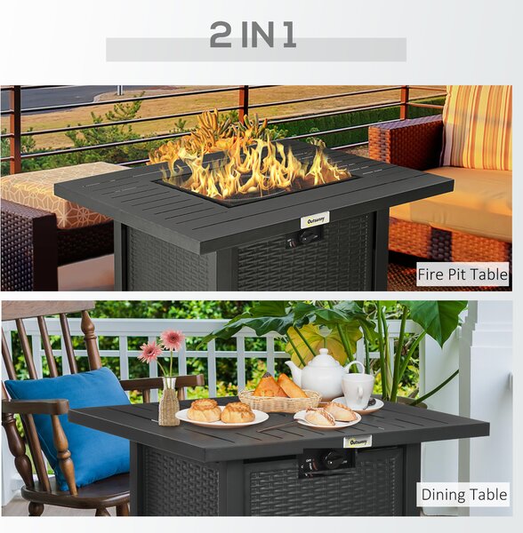 Outsunny Rattan-style Propane Gas Fire Pit Table w/ 50,000 BTU Burner, Square Smokeless Firepit Patio Heater w/ Thermocouple & Cover Aosom UK