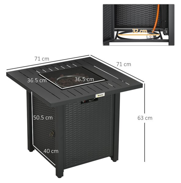 Outsunny Rattan-style Propane Gas Fire Pit Table w/ 50,000 BTU Burner, Square Smokeless Firepit Patio Heater w/ Thermocouple & Cover Aosom UK