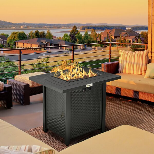 Outsunny Rattan-style Propane Gas Fire Pit Table w/ 50,000 BTU Burner, Square Smokeless Firepit Patio Heater w/ Thermocouple & Cover Aosom UK