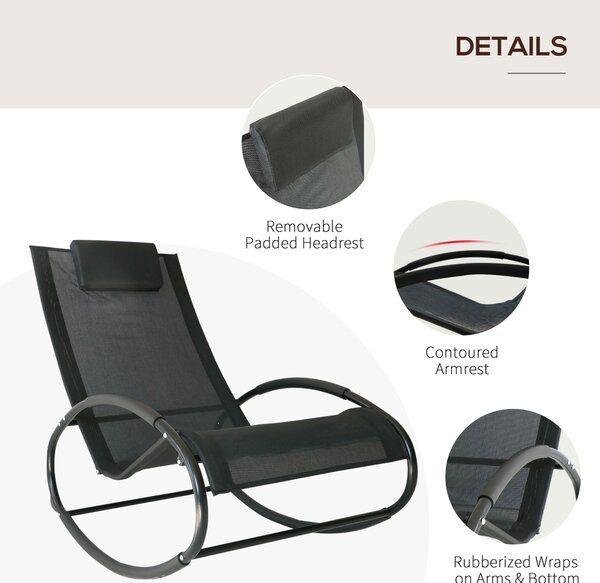 Outsunny Rocking Chair Sun Lounger Recliner Rocker Texteline Fabric Patio Garden Relaxer with Pillow Black
