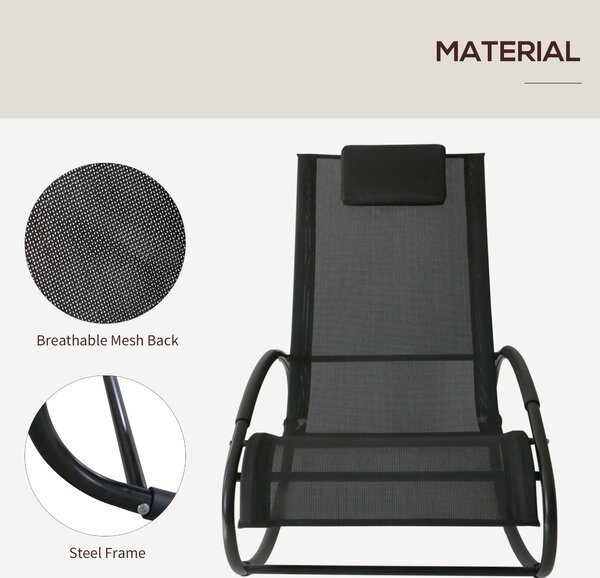 Outsunny Rocking Chair Sun Lounger Recliner Rocker Texteline Fabric Patio Garden Relaxer with Pillow Black