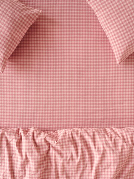 Dusty Pink & Rose Colour Drenched Gingham Linen Blend Fitted Sheet | Single | Piglet in Bed
