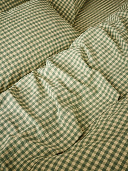 Elm Green & Butter Yellow Colour Drenched Gingham Linen Blend Flat Sheet | Single | Piglet in Bed