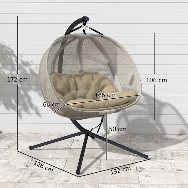 Outsunny Double Hanging Egg Chair 2 Seaters Swing Hammock Chair with Stand, Cushion and Folding Design, for Indoor and Outdoor, Brown Aosom UK